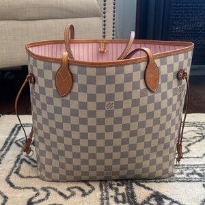 Louis Vuitton Gray Checkered Tote with Brown Trim